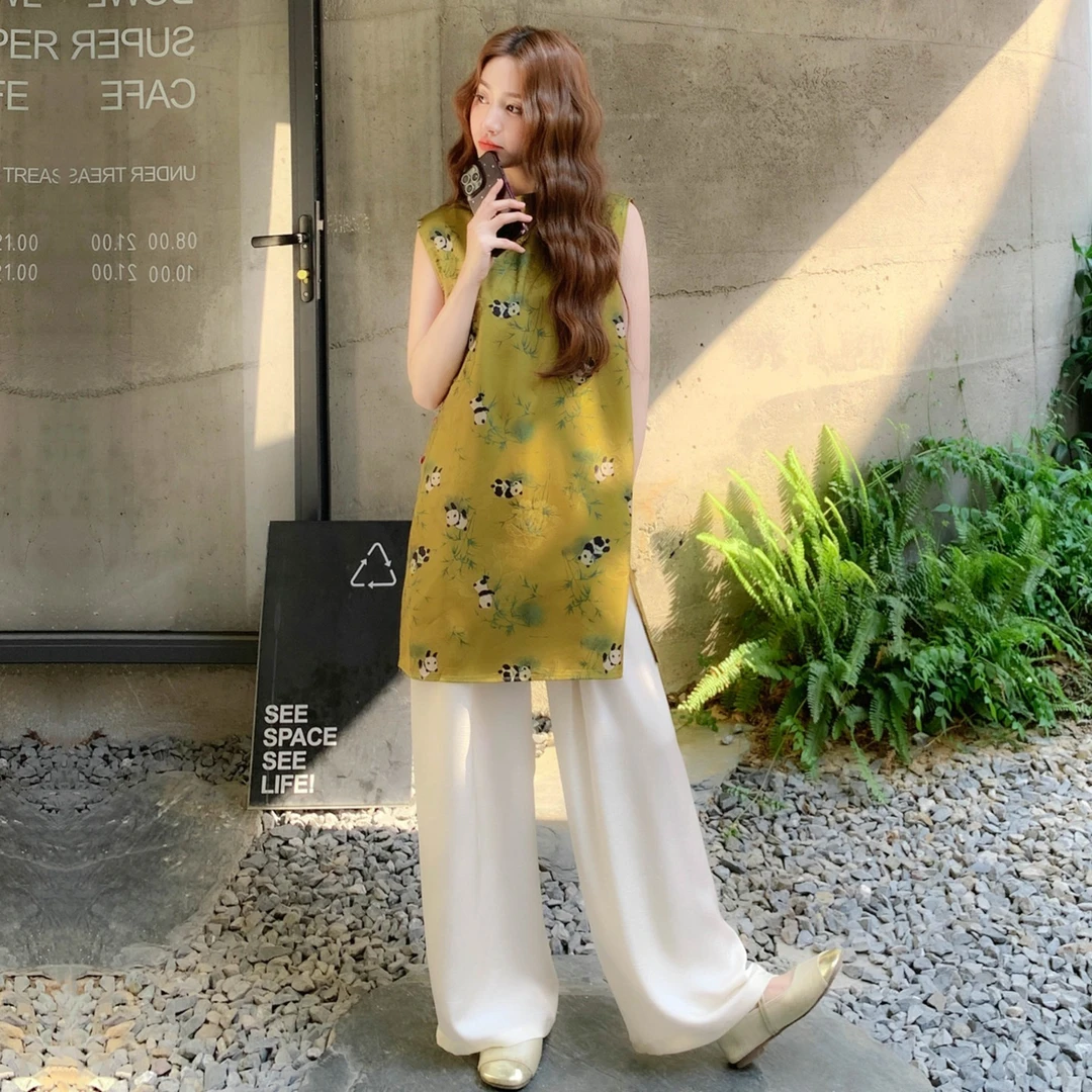 国风新中式森系印花无袖套装休闲薄款阔腿裤高级感两件套女夏新款