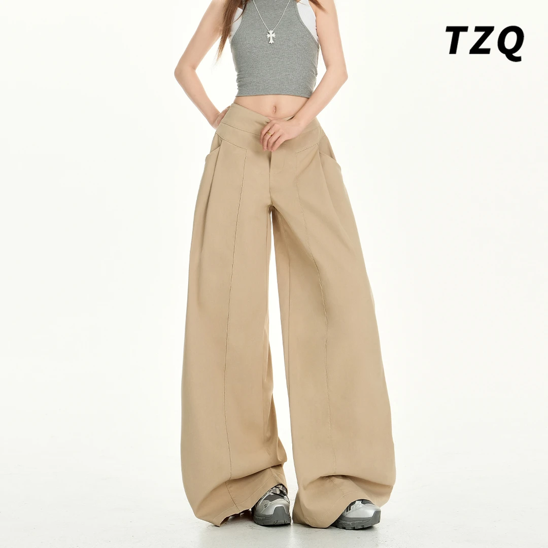 新款设计感线条工装裤女2025爆款高腰宽松慵懒风阔腿裤TZQ2571110