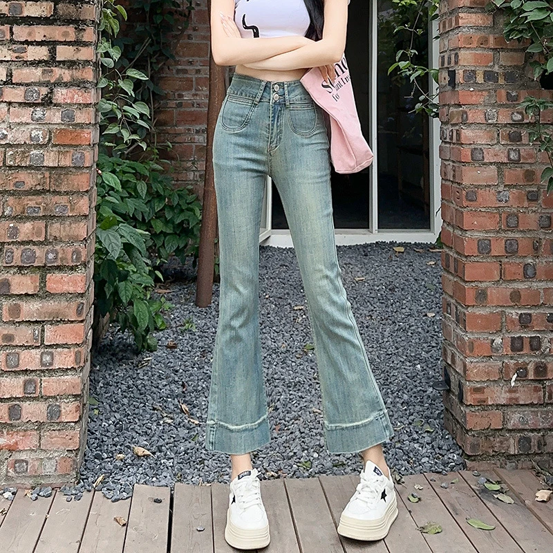 浅蓝色牛仔裤女2025夏装新款弹力九分裤微喇叭裤小个子裤子潮