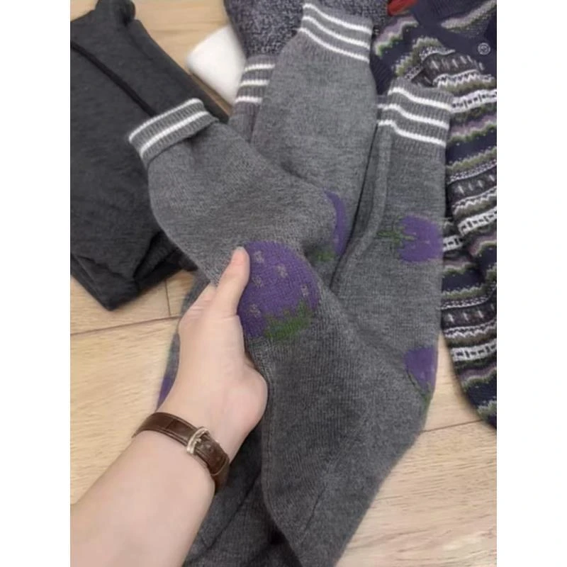七言家高品#紫色草莓提花软糯秋冬加厚开衫毛衣7