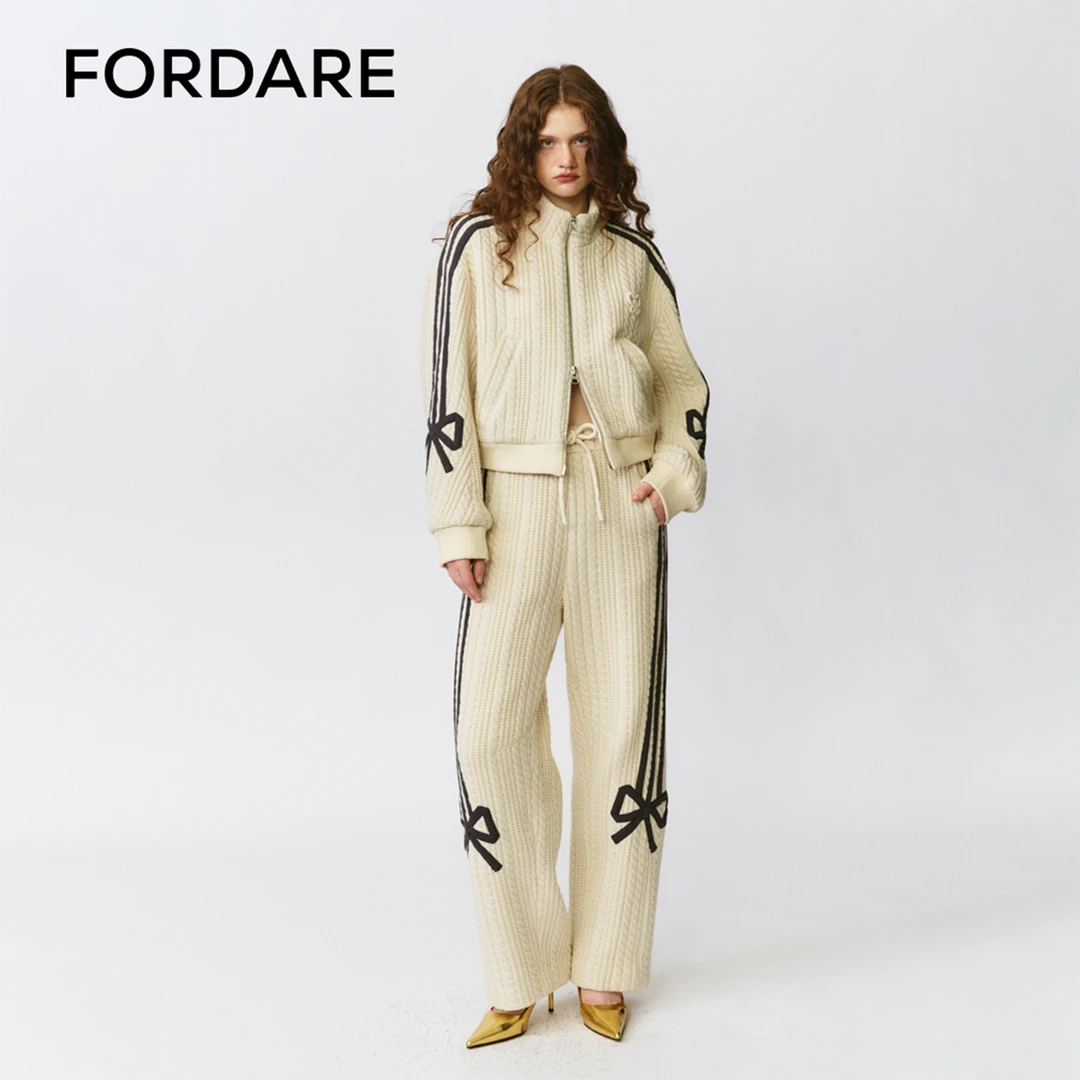 FORDARE/福蝶 25秋冬新品 白色绞花蝴蝶结贴条运动外套长裤1112