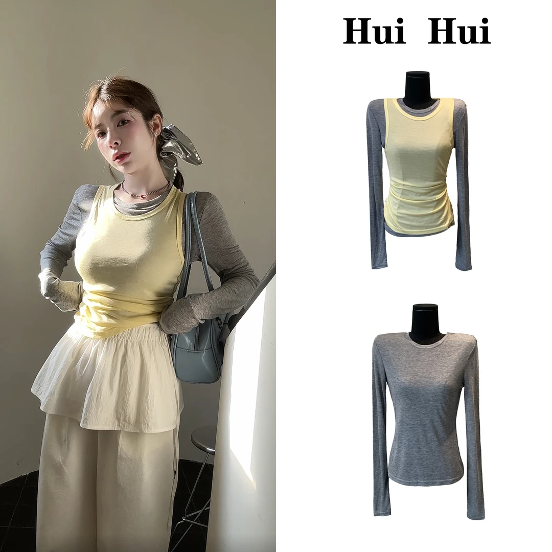 【HuiHui】真两件背心打底衫内搭高级感长袖t恤上衣（A1791)