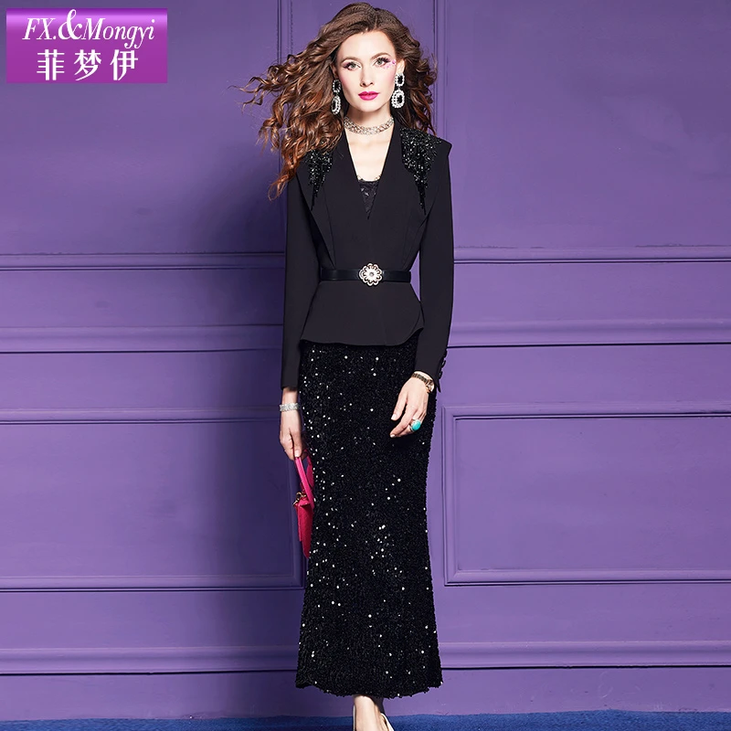 菲梦伊小香风钉珠重工定制显瘦秋冬款气质修身女神范套装61169