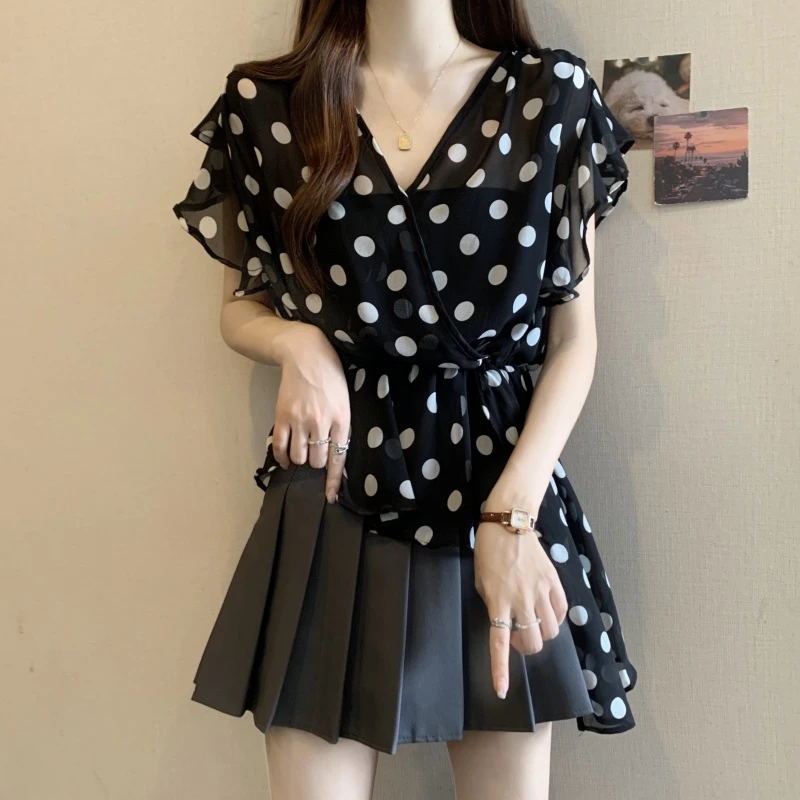 大码女装高级感波点蝴蝶雪纺衫女胖妹妹气质收腰显瘦无袖防晒上衣
