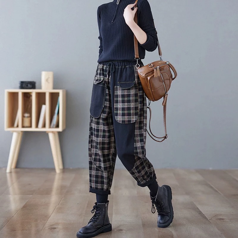 178 港风复古时尚拼色哈伦牛仔棉休闲工装裤靴裤（H016）