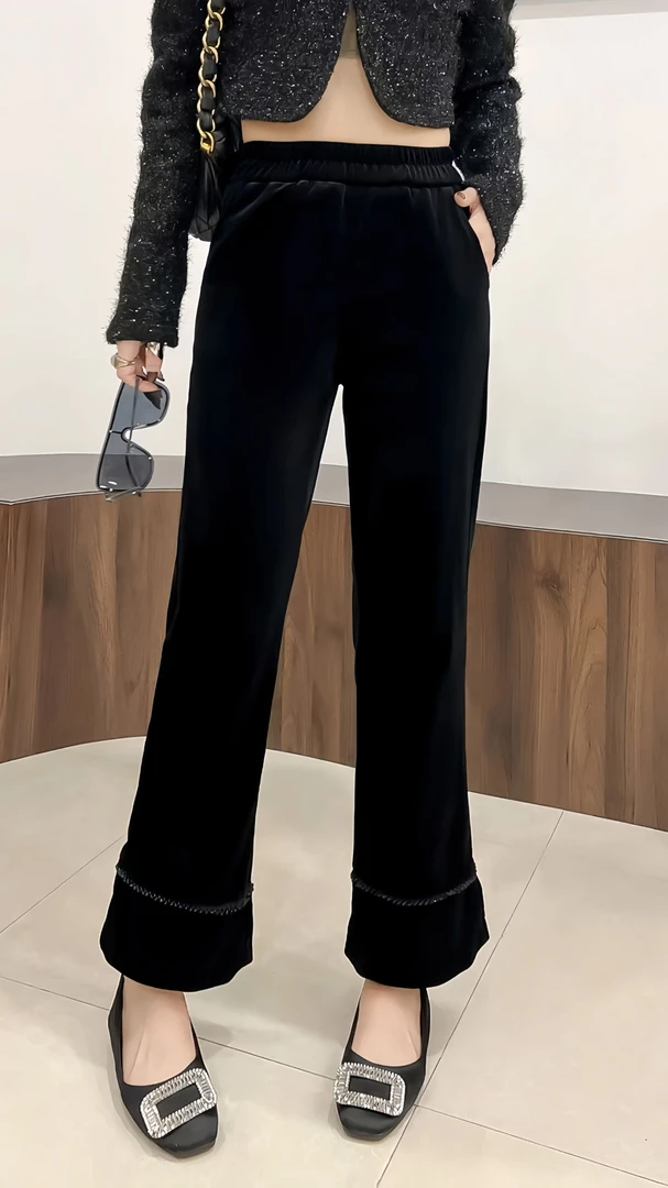 秋季新款时尚气质宽松显瘦大码重工钉珠丝绒阔腿九分休闲裤微喇裤