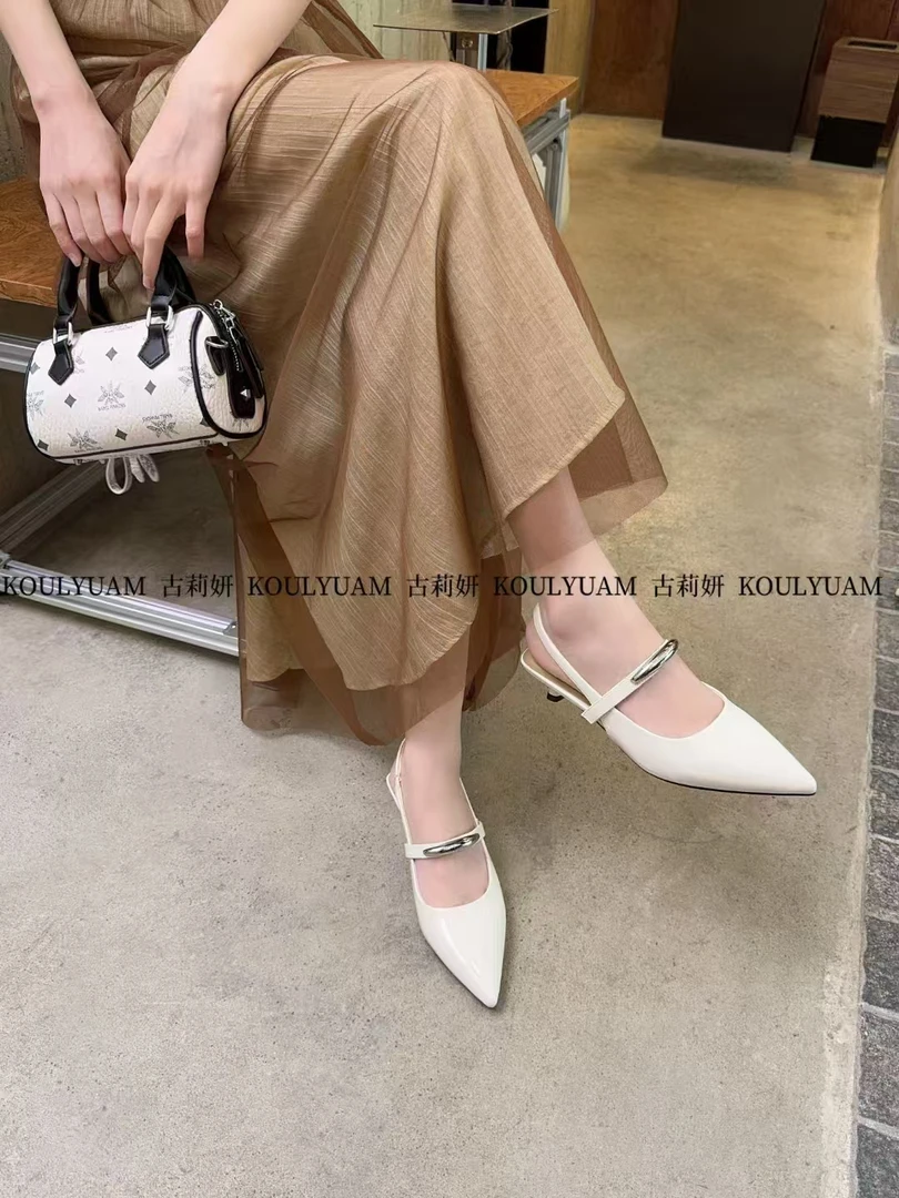 女鞋尖头一字带包头细跟百搭后空凉鞋66-77