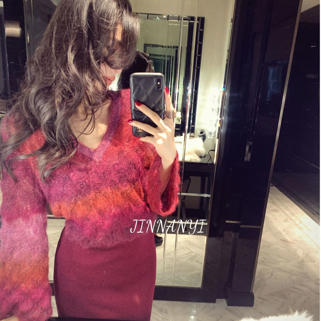 奢牌同源南非幼马海尼龙光泽高奢系列玫红渐变色细闪针织02311003