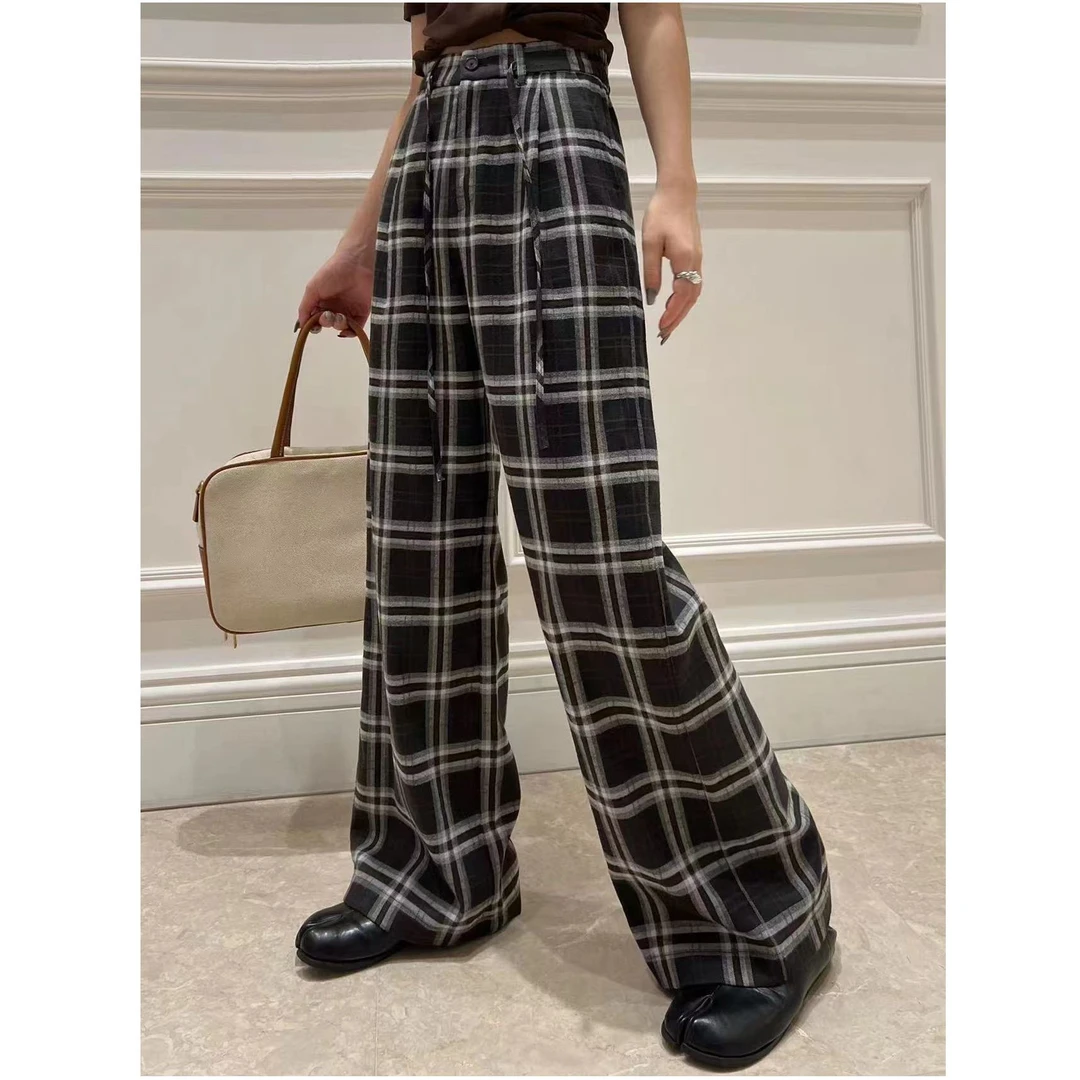 KIKI严选：81257-范希家欧货南油原创设计小众抽绳高腰格子裤