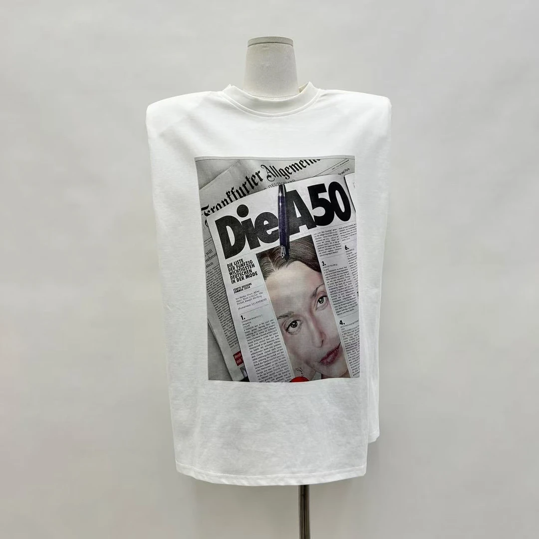 复古人头报纸印花圆领无袖T恤女款宽松简约百搭短上衣