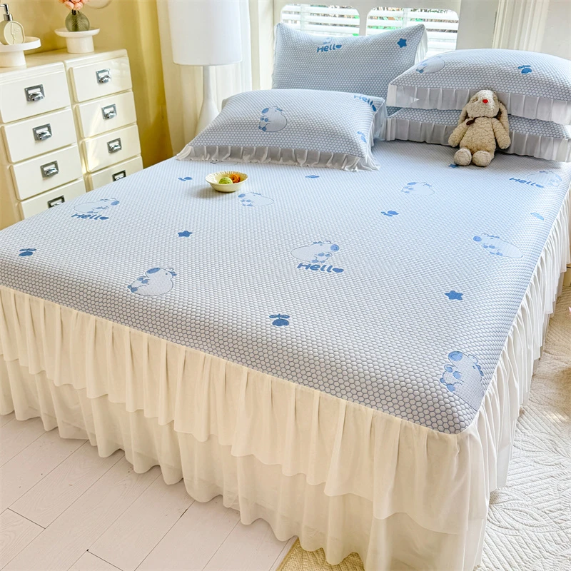 夏季可机洗可以晒双层床裙床上用品加厚柔软提花冰感丝冰豆豆凉席