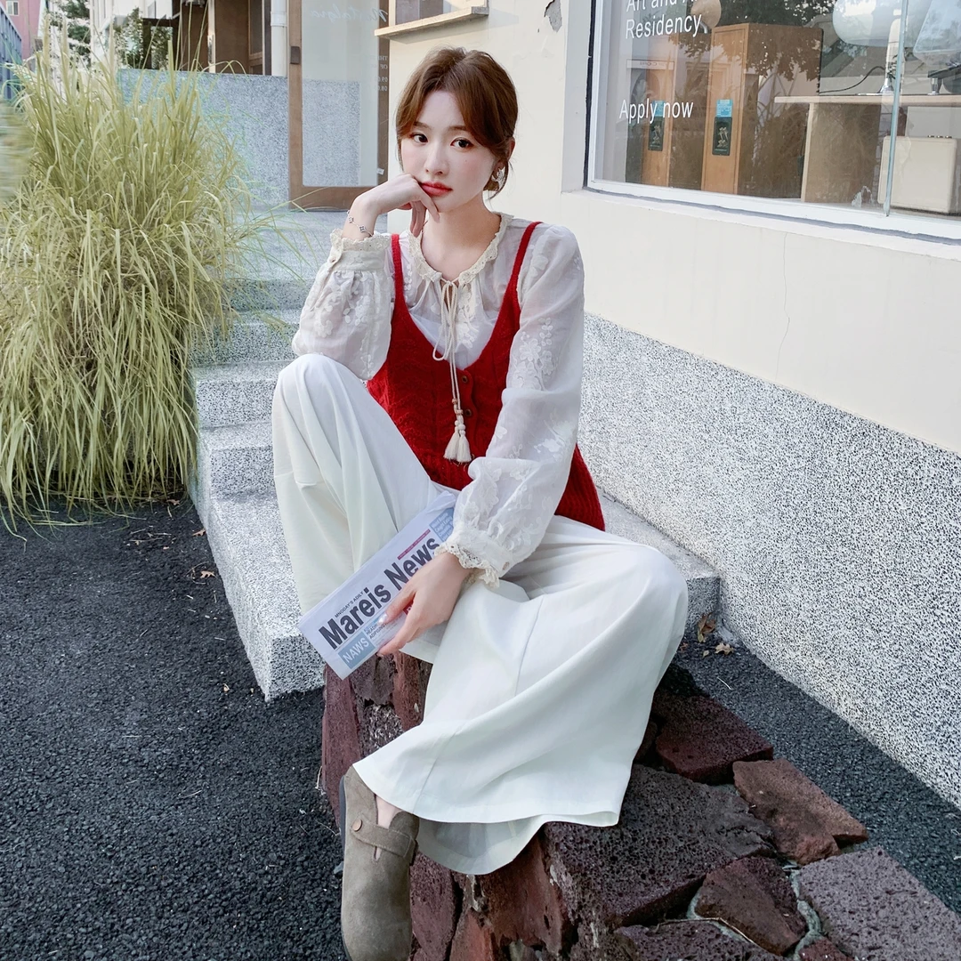 背心日式吊带针织刺绣衬衫套装慵懒风阔腿长裤时尚休闲女装三件套