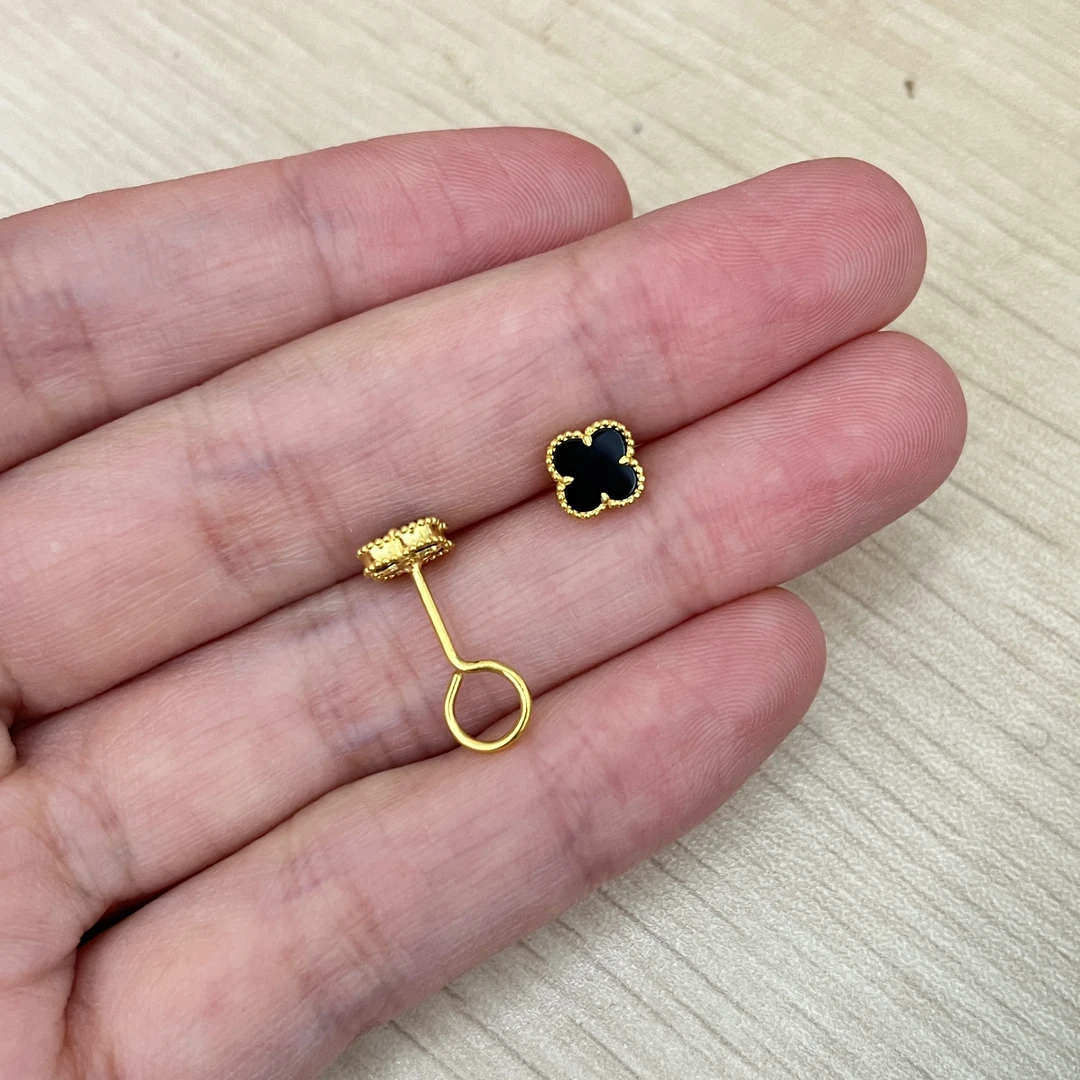 黑色四叶草耳钉弯钩足金999 总重出经典四草百搭送女友生日礼物