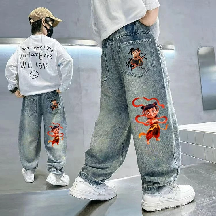 2025男女童秋款牛仔裤破洞长裤中大童宽松百搭男孩牛仔裤子潮洋气
