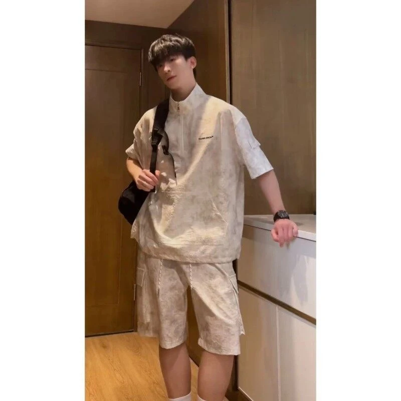 扎染半拉链短袖polo衫男款夏季青少年一整套穿搭运动工装短裤套装