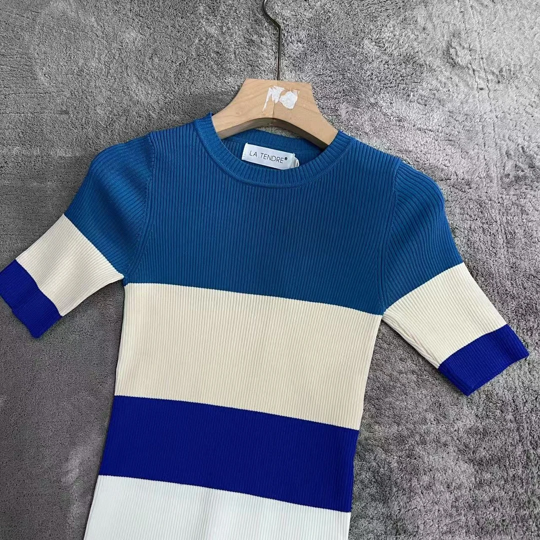 25早春韩版减龄拼色针织短袖上衣女