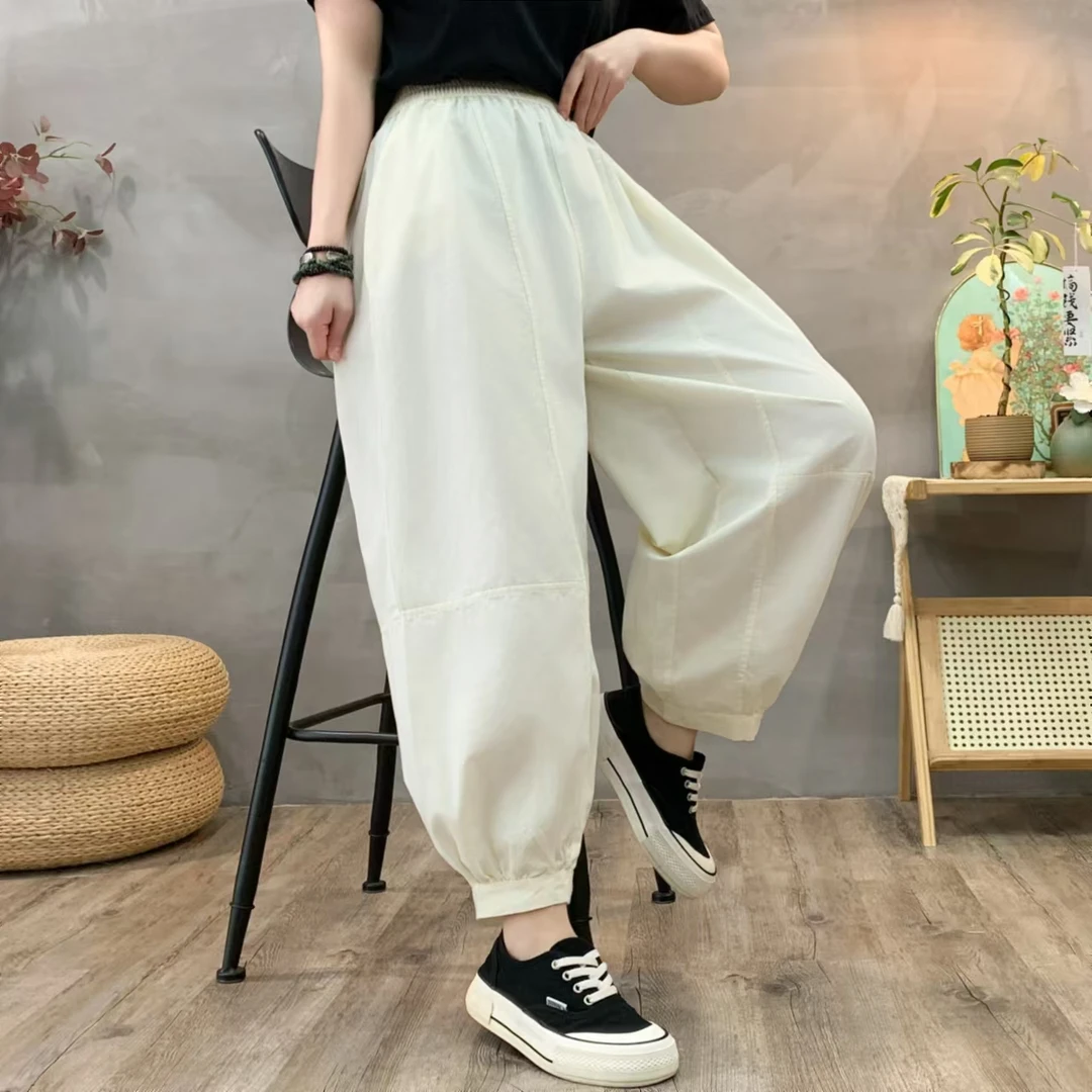 2025春夏新款洋气灯笼裤松紧腰拼接女百搭纯色宽松大码休闲长裤