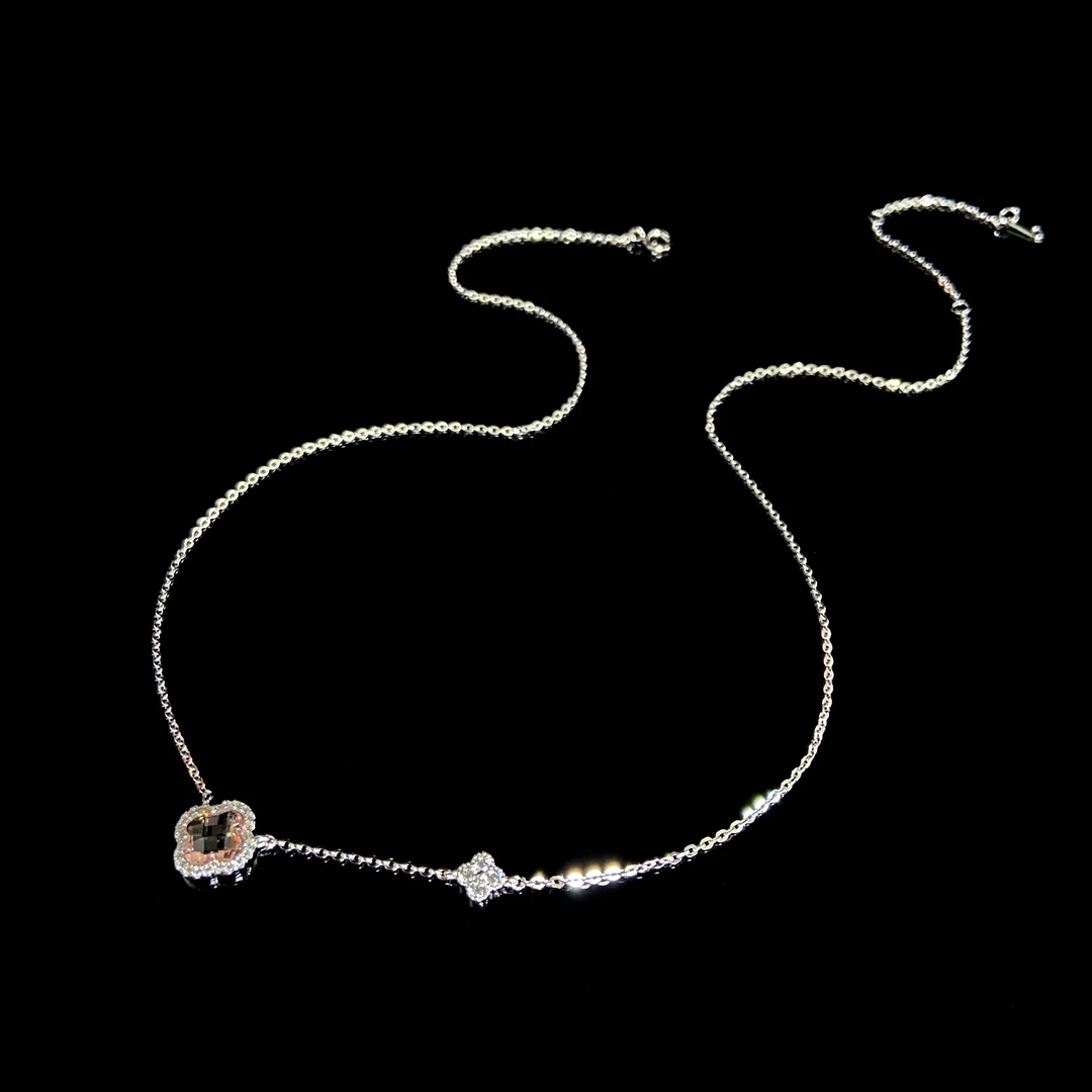 坠链均925银锆石 镀K金 柔雾粉四叶花 百搭项链X7232