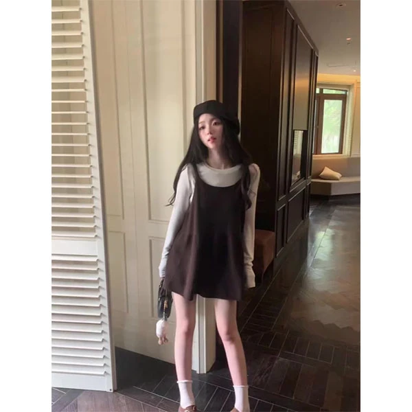 韩系复古甜辣风纯欲风叠穿修身内搭长袖上衣夏季背心连衣裙套装