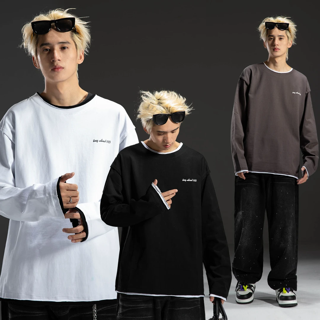 假两件圆领拼接长袖T恤男2024新款秋季宽松休闲百搭情侣上衣2012