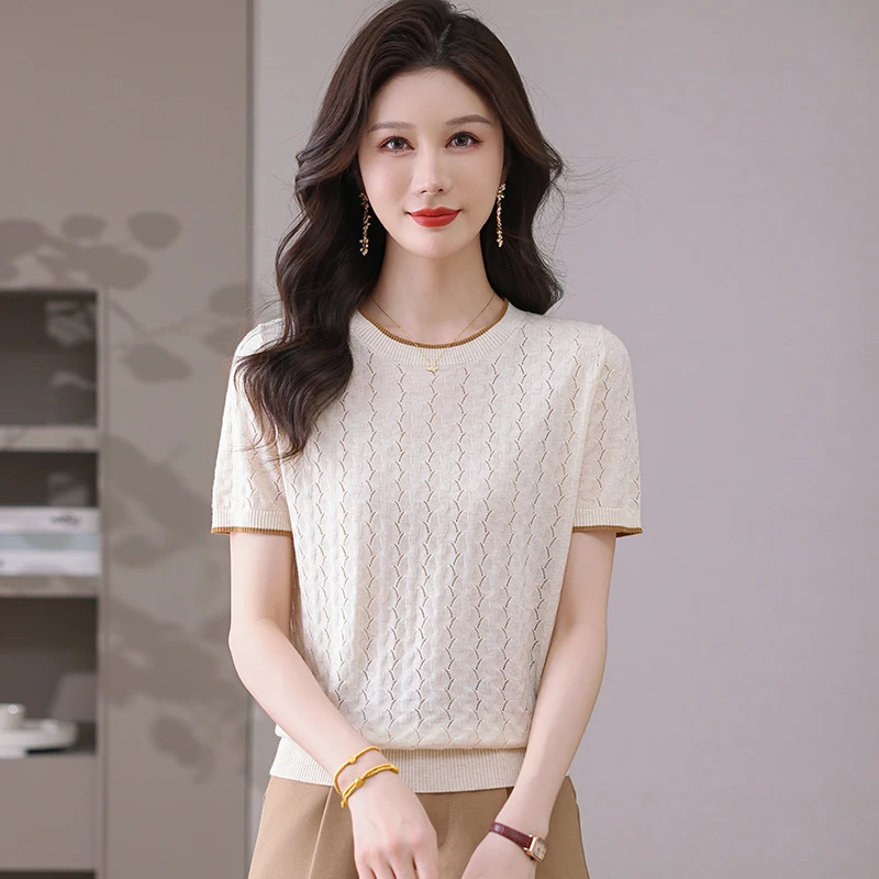 【莱赛尔】2025新款圆领时尚短袖针织衫镂空百搭清凉显瘦薄款女上衣