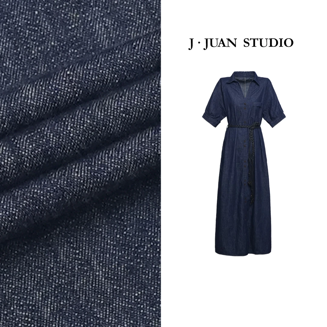 【J.Juan】蓝墨-夏季超薄牛仔V领衬衫连衣裙高个子女装复古宽松长裙