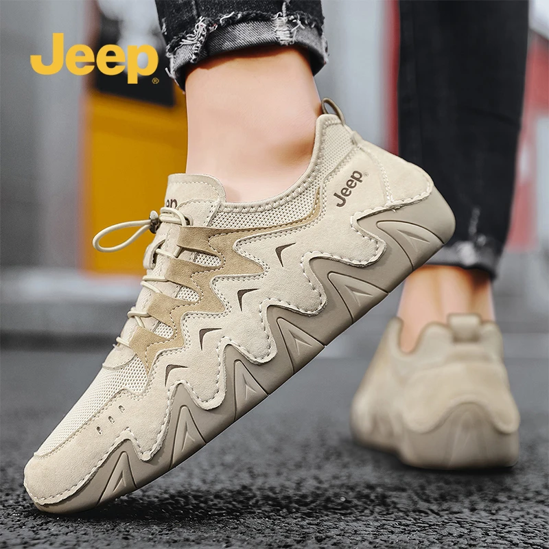 Jeep吉普男士真皮运动鞋2025夏季新款网面透气厚底耐磨户外徒步鞋