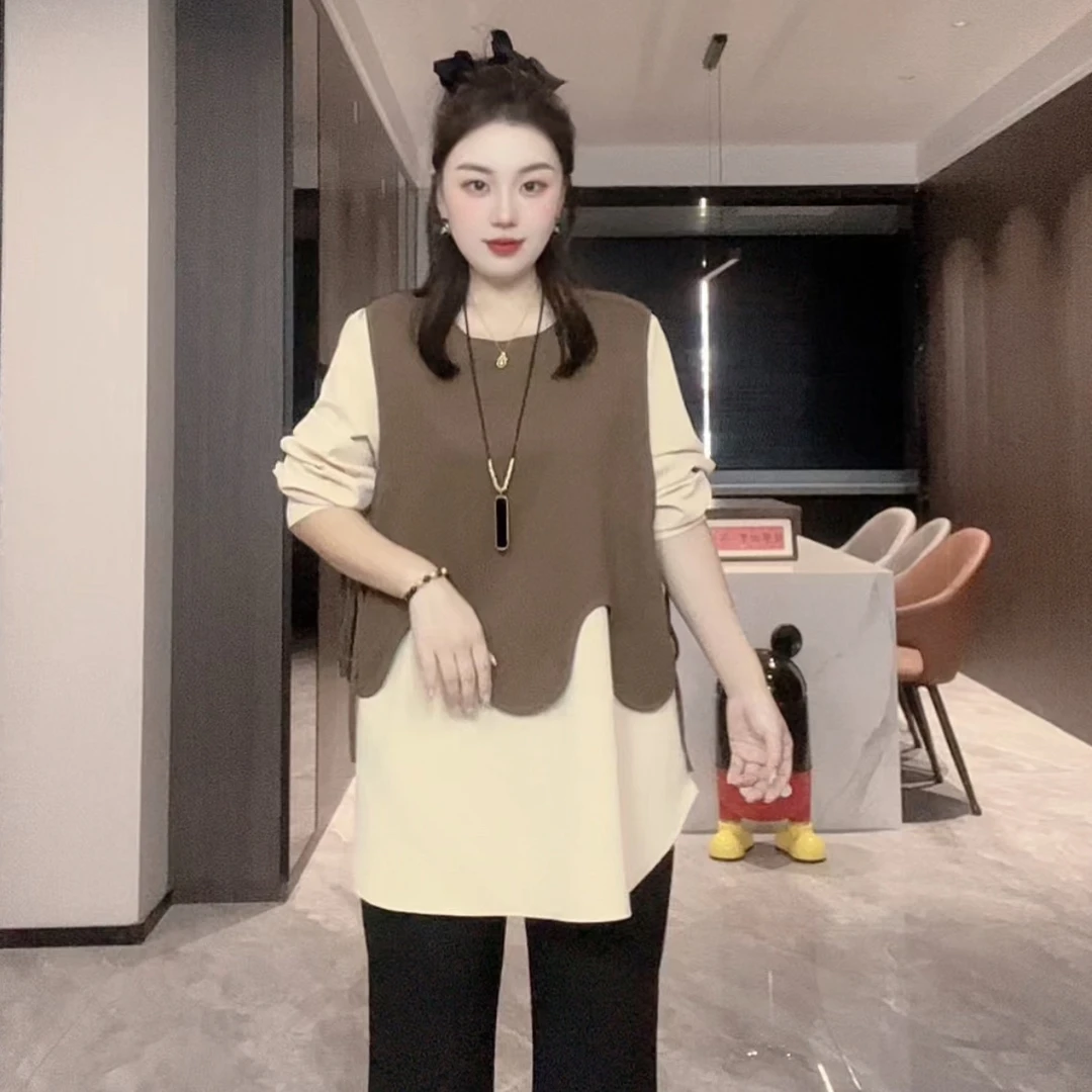 大码时尚百搭舒适感针织拼接假两件衬衫洋气休闲上衣