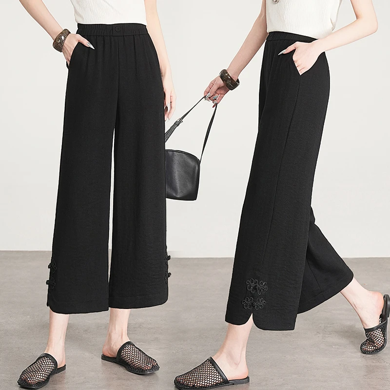 秋季新中式休闲裤八分裤女夏季薄款国风直筒裤垂感妈妈阔腿休闲裤