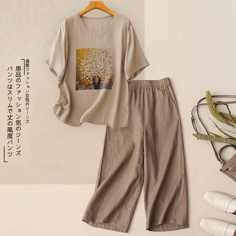 妈妈时尚休闲棉麻套装女2025夏装新款宽松遮肚亚麻短袖上衣两件套