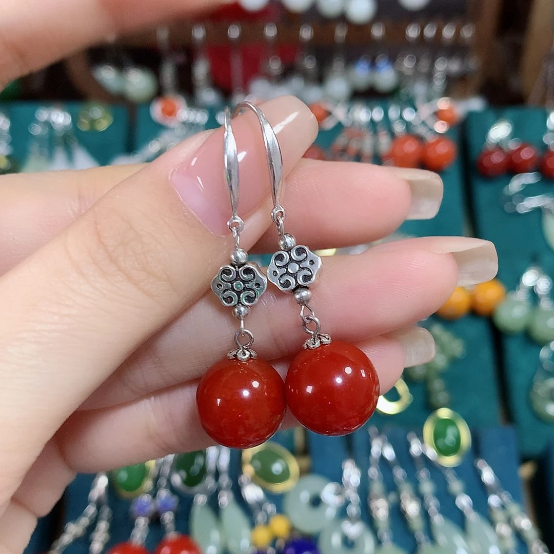 玛瑙/玉髓耳饰银S925镶嵌天然红玛瑙12mm左右（锦红）