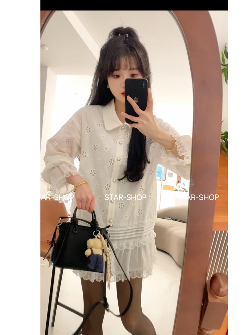 ｛仙仙裙｝刺绣花朵 翻领单排扣 重工衬衫裙