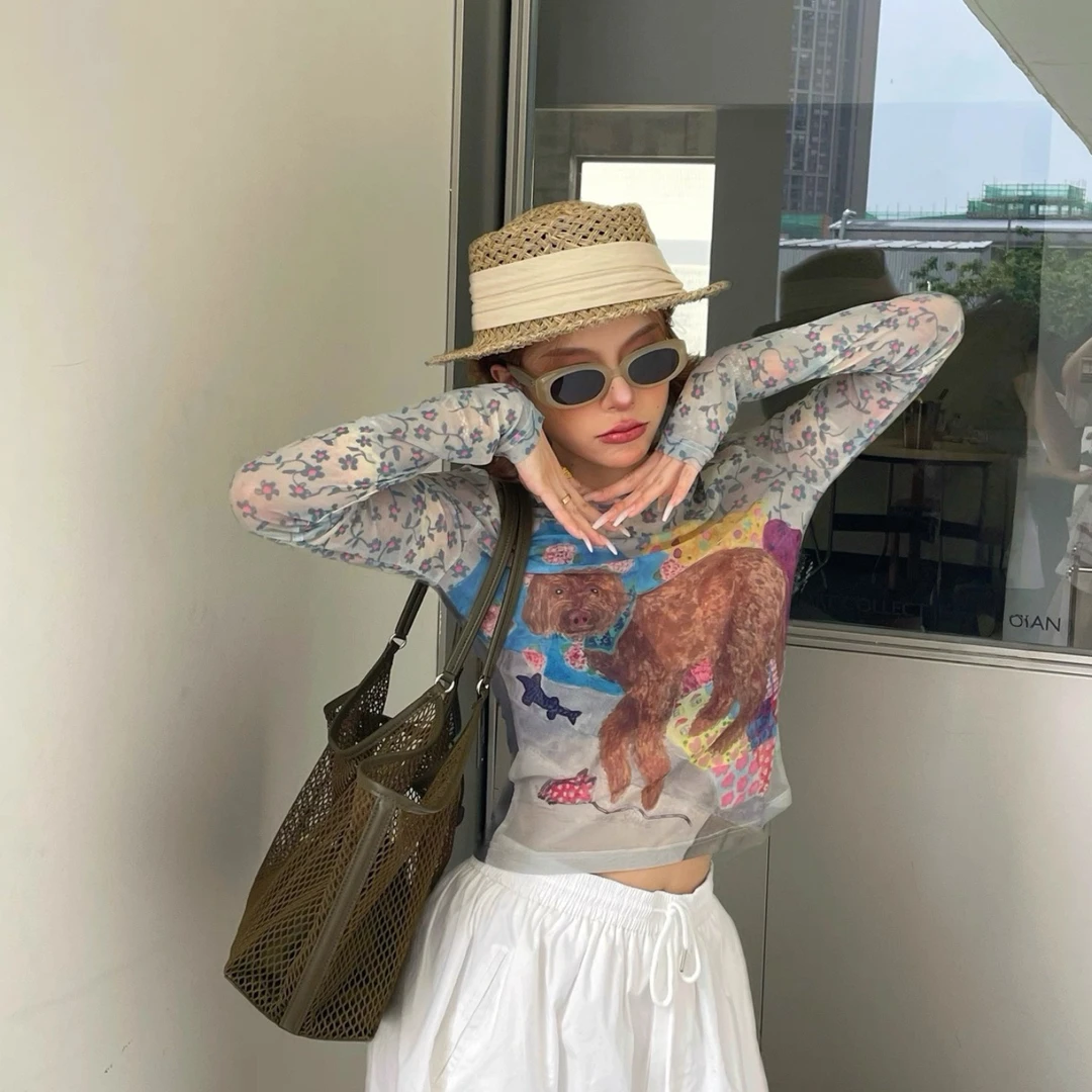 时髦小众抽象涂鸦小狗印花网纱T恤女夏季薄款弹力防晒衫百搭上衣