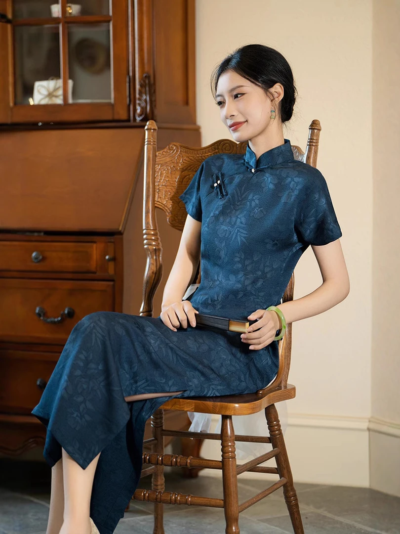 吴《梦回》25年新款文艺复古蓝色古法全开襟旗袍 衣长125单层夏季