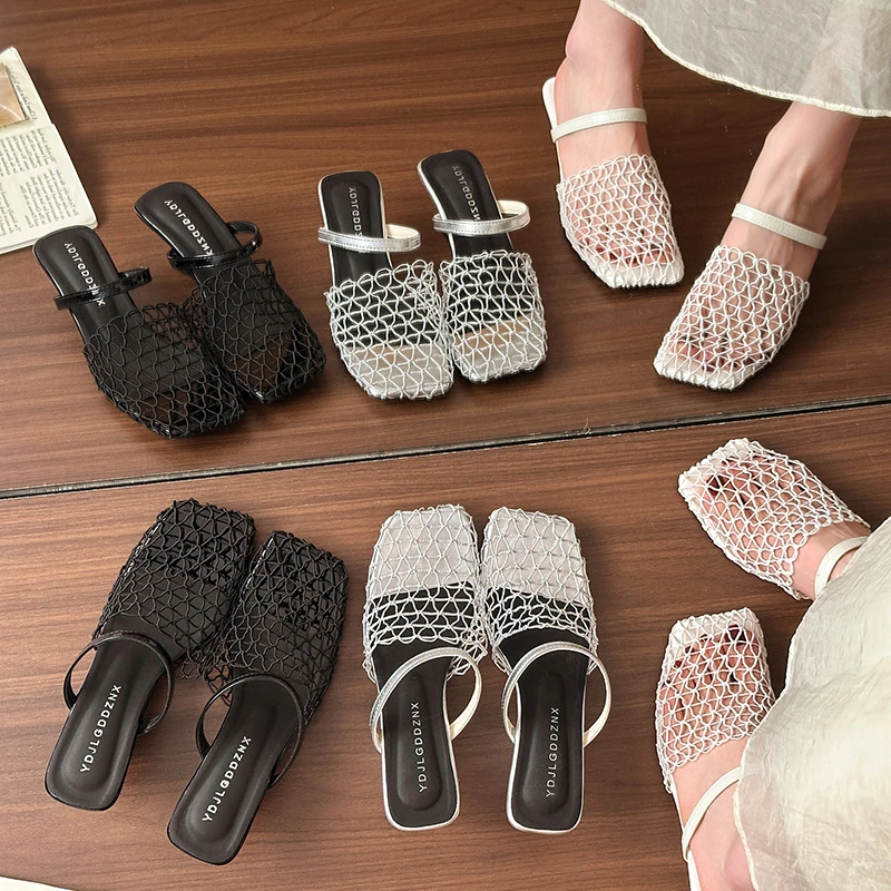 包头半拖鞋女外穿2025年夏季新款小众网面镂空凉鞋透气渔网凉拖鞋