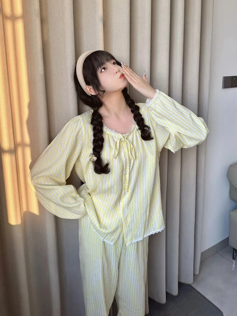 【柠檬慕斯】甜美蕾丝边条纹睡衣女秋季新款长袖可外穿家居服套装