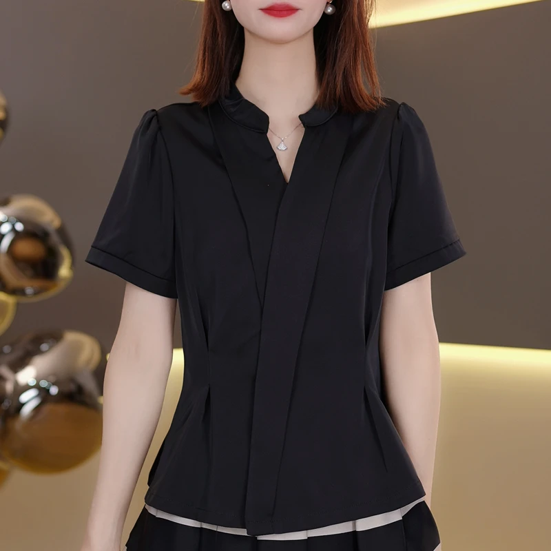 时尚v领短袖T恤女2025新款气质小衫洋气显瘦