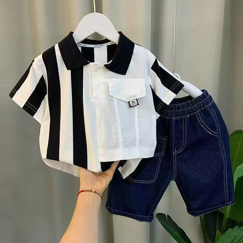 男童条纹衬衫2025新款宝宝网红时髦短袖衣服儿童痞帅polo衫半袖衫