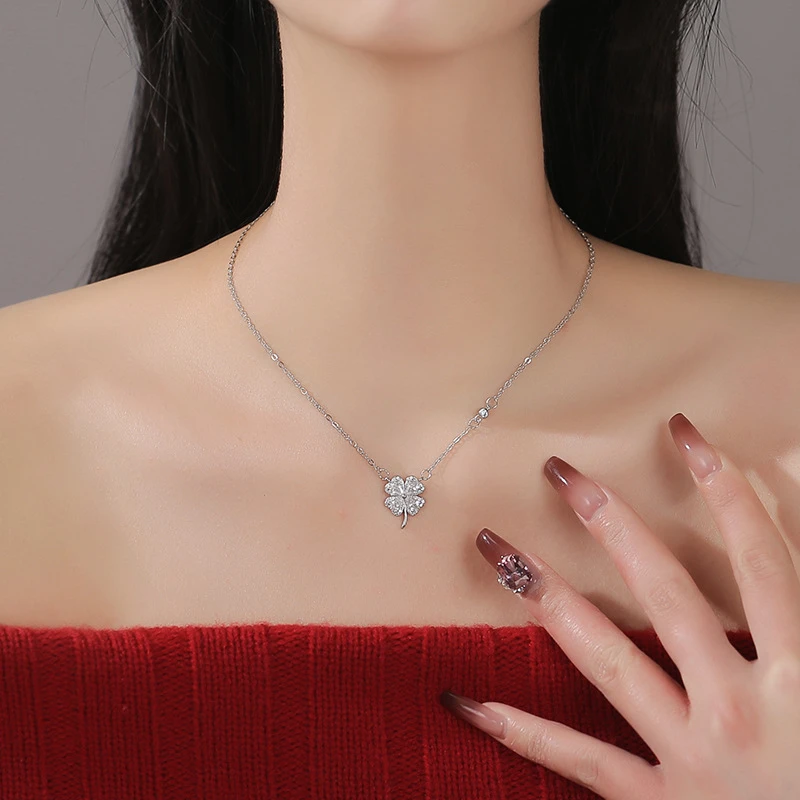 镶钻四叶草银项链女款幸运草锁骨链毛衣链小众高级感