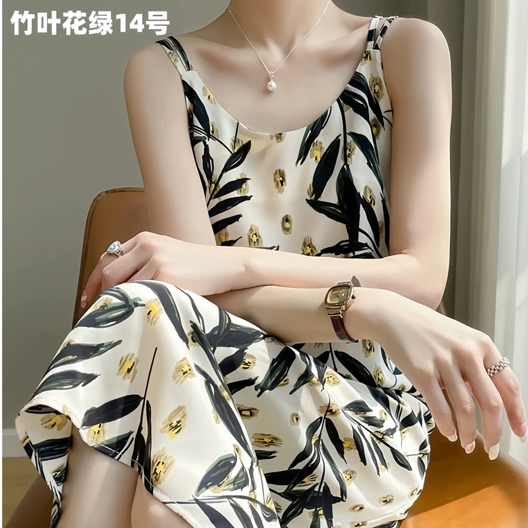 6008【双色】 时尚气质碎花连衣裙轻奢印花薄款吊带裙复古法式