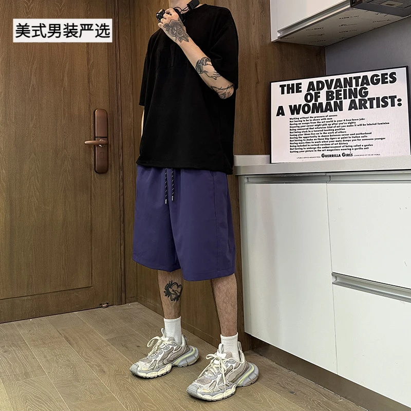紫色冰丝速干短裤男夏季薄款美式复古五分裤透气休闲运动中裤