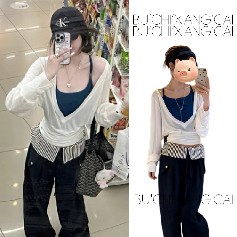 巨好看2025超火夏装气质ootd穿搭一整套挂脖吊带长袖罩衫两件套装