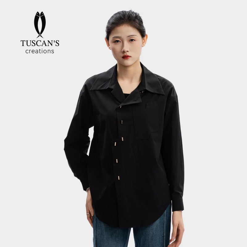 春秋女士不规则斜襟长袖衬衫精致宽松长袖POLO领衬衣TS时代双鱼