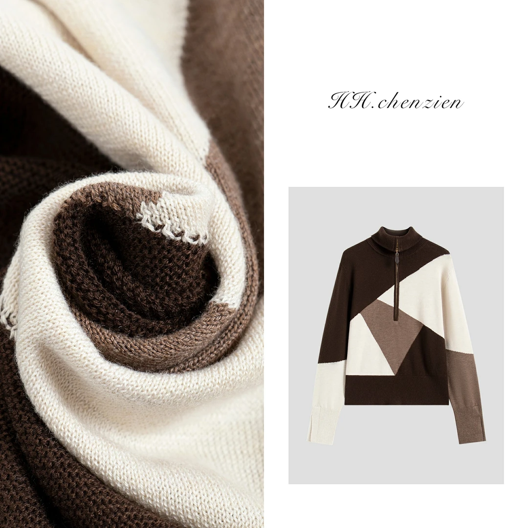 【黑黑家】秋冬款女士半拉链撞色设计显瘦套头针织衫上衣