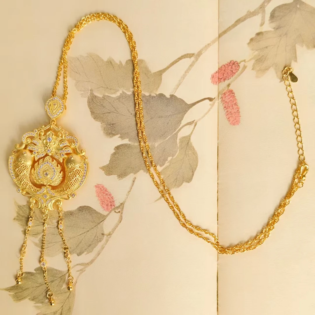 吴越老银铺 坠链均925银锆石 花丝鱼戏莲项链纯银项链国风宫廷风