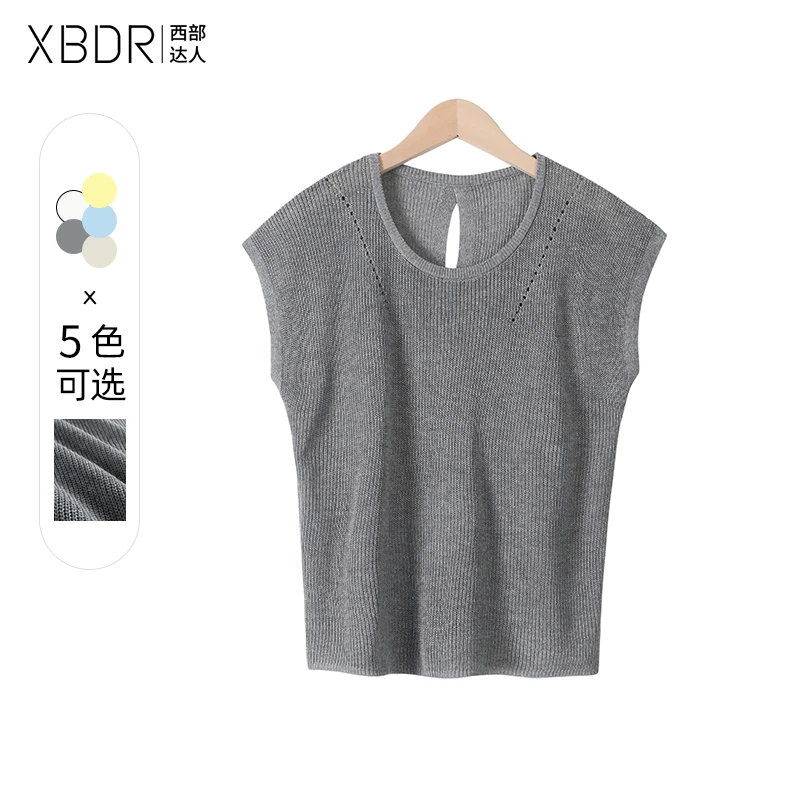 2025夏季新款无袖针织衫女后背镂空纽扣洋气时髦外穿简约上衣打底