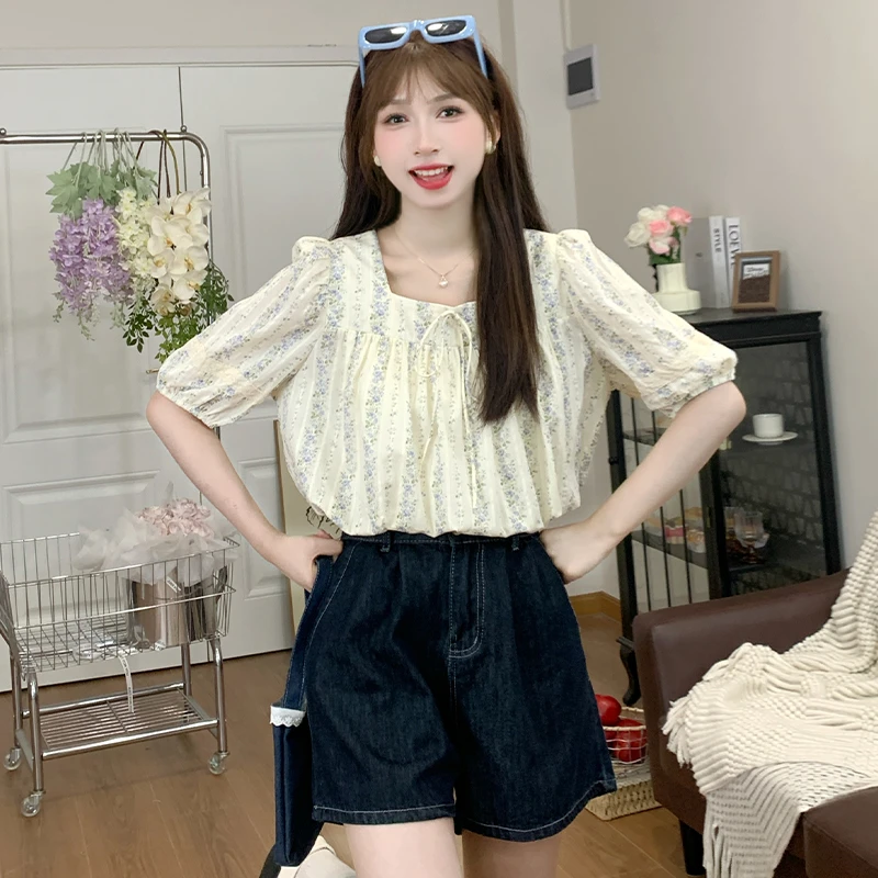 慕兔法式方领泡泡袖碎花衬衫女2024夏季新款宽松减龄百搭短袖小衫