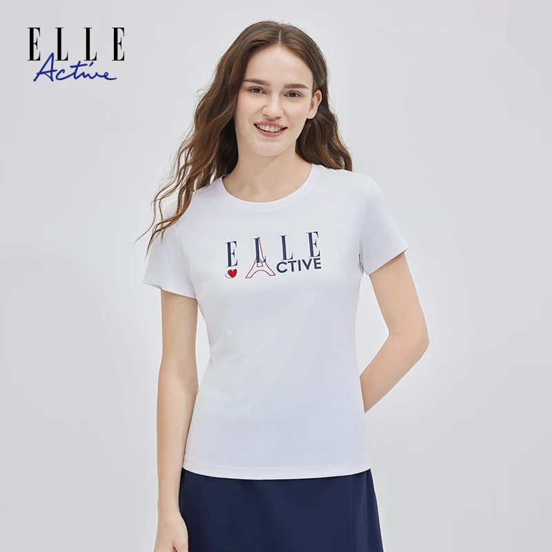 ELLE Active淡人穿搭印花字母圆领短袖T恤女上衣夏季新款休闲女装