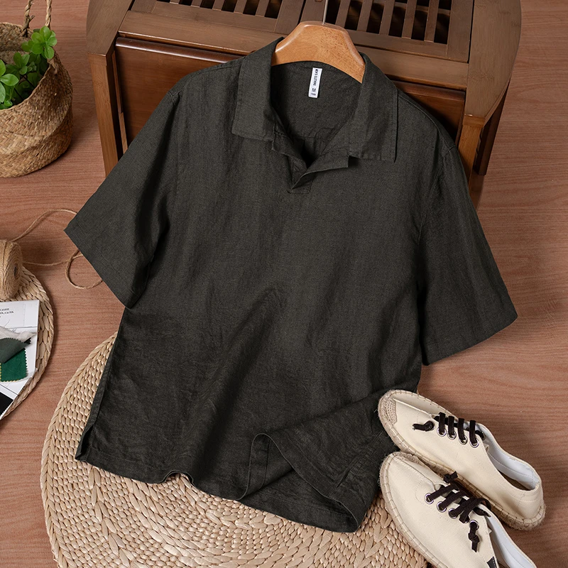 麻尚生活海鸥领纯亚麻老钱风短袖夏季透气凉感商务休闲高档POLO衫
