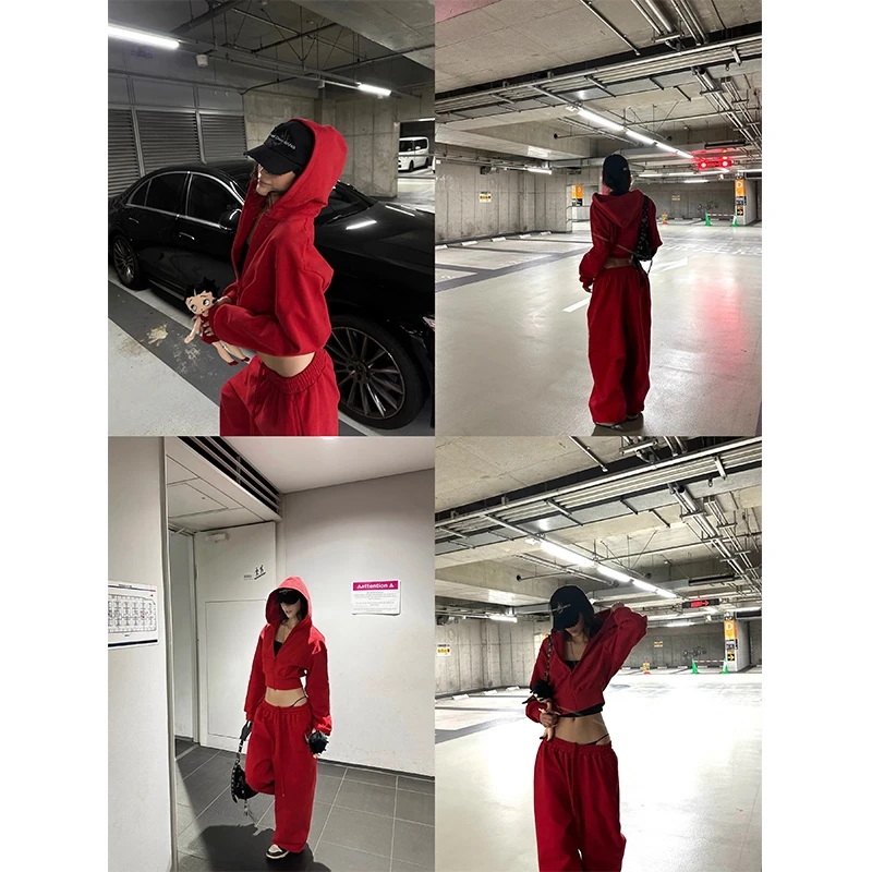 TWOMILLION元气套组 红色连帽卫衣辣妹短款开衫外套抽绳卫裤套装